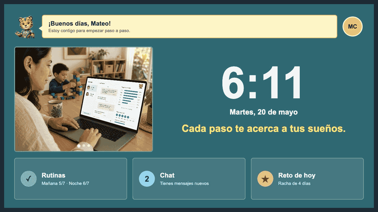 NarhaScreen con saludo de Narha, carrusel, reloj, frase, rutinas, chat y reto diario